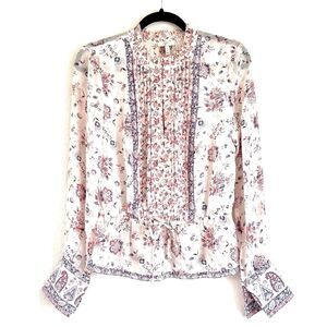 Joie 100% Silk Boho Floral Peplum Blouse Top Cuffed Sleeve Elastic Waist